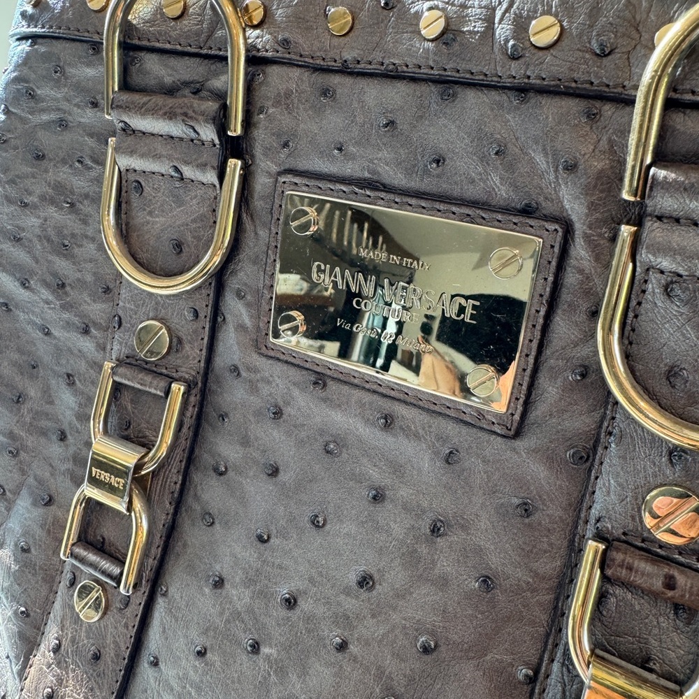 Versace Ostrich Handbag - Silver Grey with Champagne Hardware - Picture 3 of 17